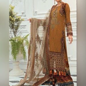 Embellished Mustard Brown Embroidered Women's Dress with Sheer Dupatta